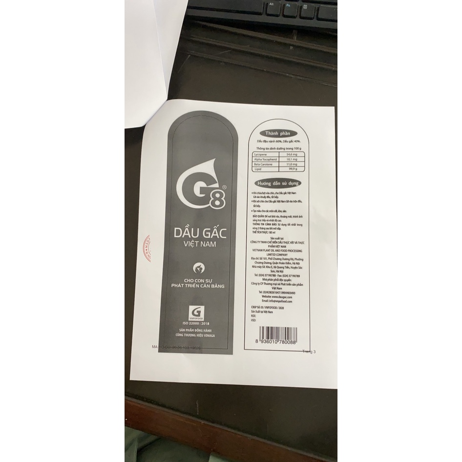 Dầu Gấc G8 Việt Nam 185ml : HSD 2026
