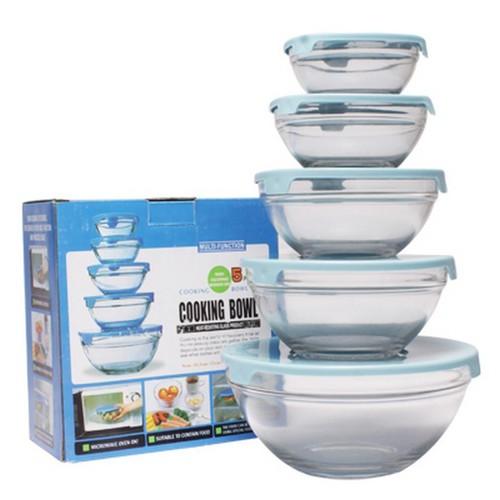 Bộ 5 bát thủy tinh trơn có nắp đậy cao cấp, bộ 5 bát thủy tinh cao cấp - dùng được trong lò vi sóng