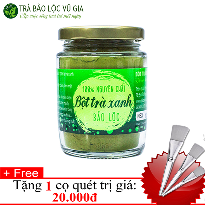 Bột Trà Xanh Nguyên Chất Vũ Gia 100g + Tặng Cọ Quét - Chăm sóc da mặt xóa mờ nếp nhăn mụn rỗ thâm nám tàn nhang lâu ngày - Đã được kiểm nghiệm y tế