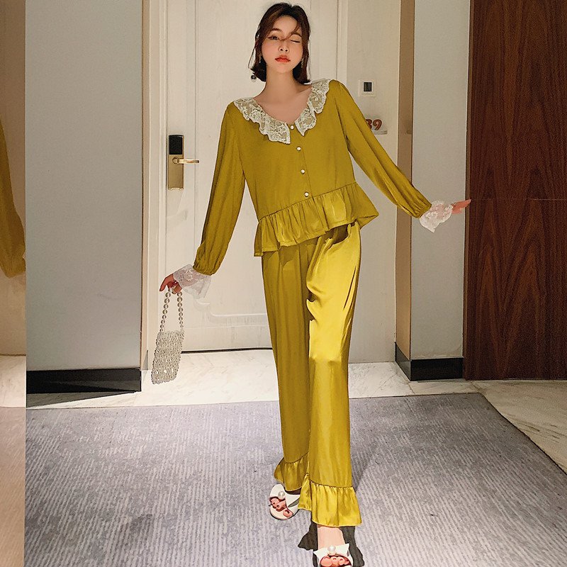 Pijama lụa tiểu thư phối bèo cao cấp, đồ ngủ lụa ,đồ ngủ pijama-PJ494.
