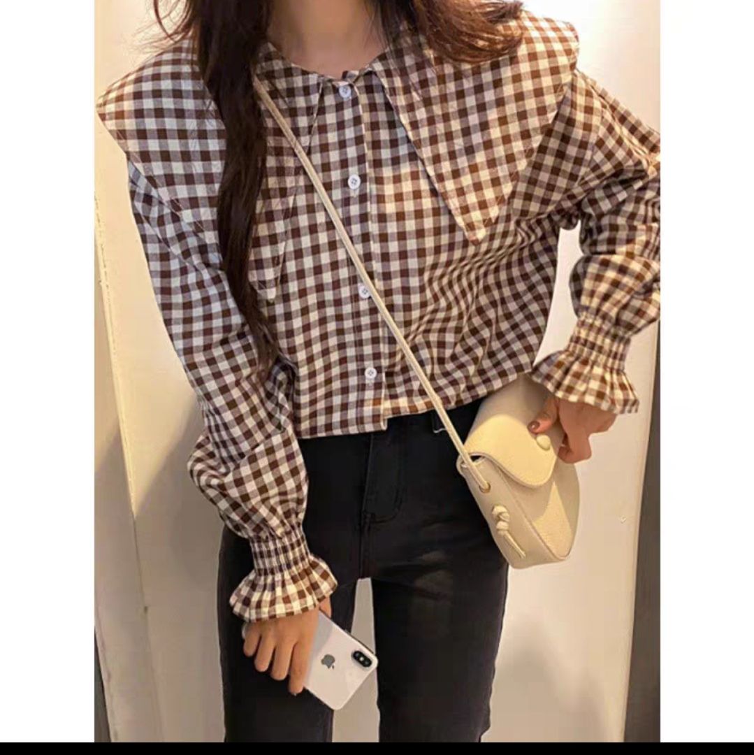 áo sơ mi kẻ caro cổ lá ảnh thật