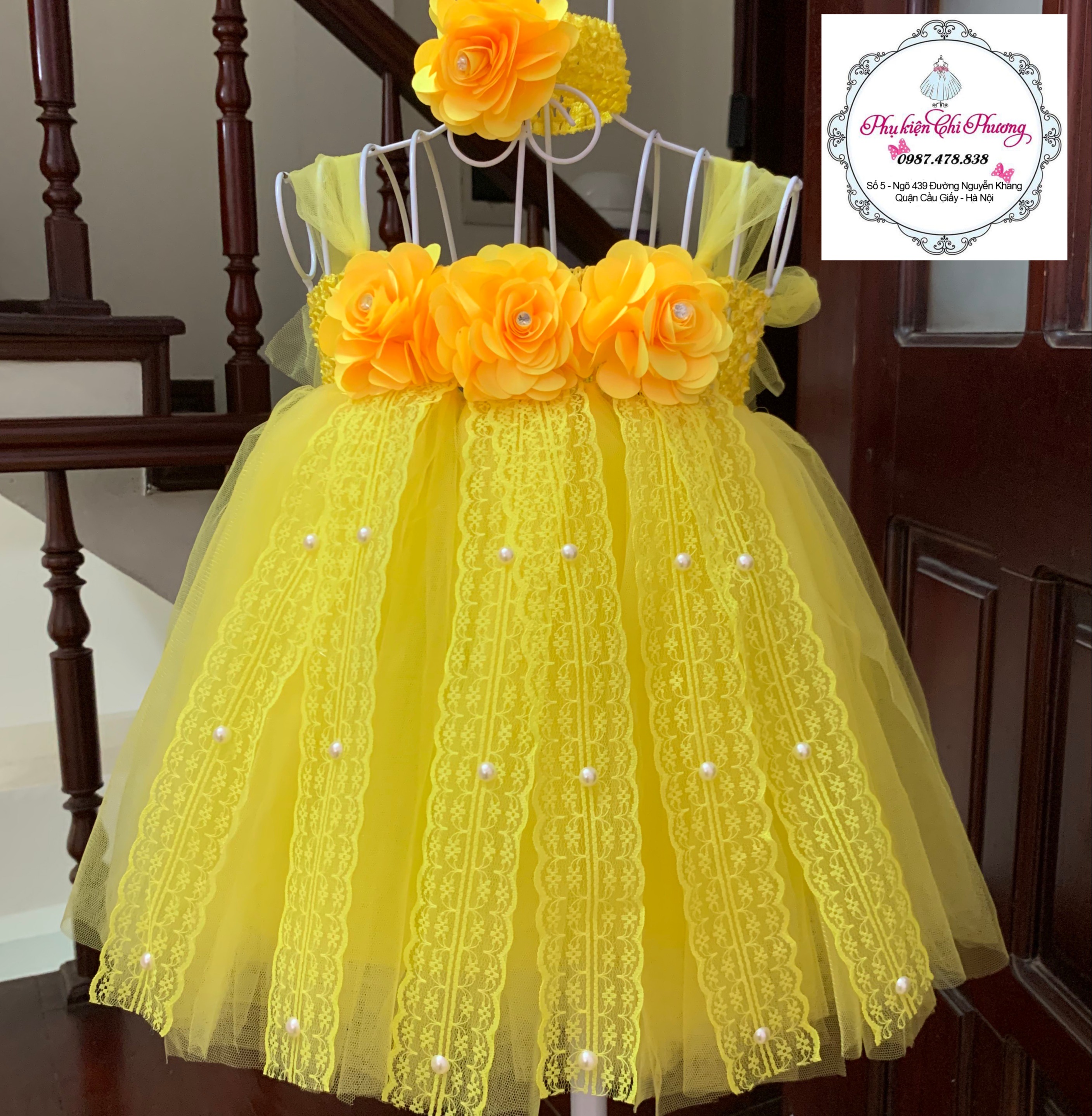 Đầm cho bé gái /Đầm công chúa / đầm công chúa cho bé Vàng hoa có ren  , tặng kèm băng đô hoặc cài tóc