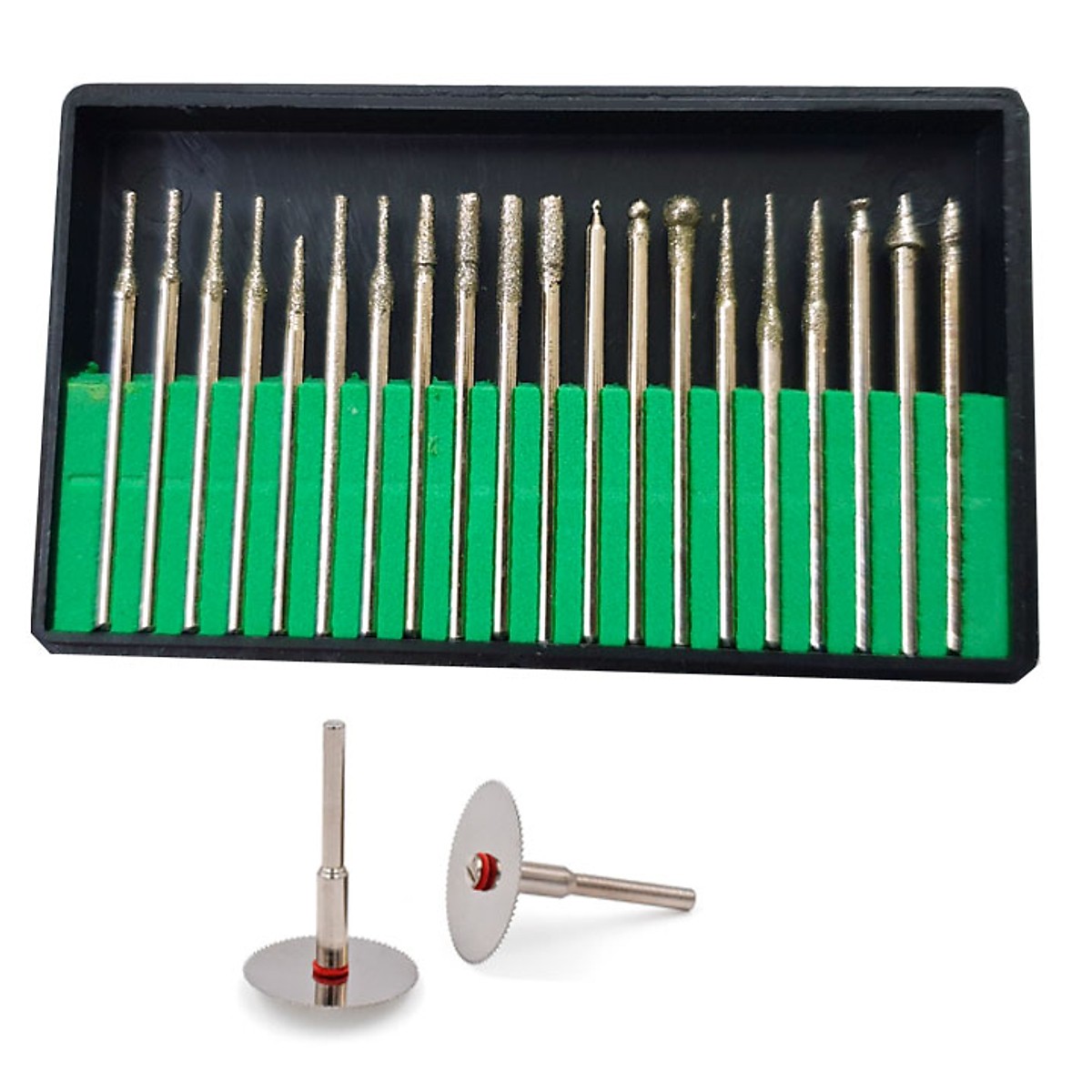 (20 mũi mài cán 3mm + 2 dĩa cắt răng mini) mũi mài khắc dũa làm tinh cho đá ngọc sứ