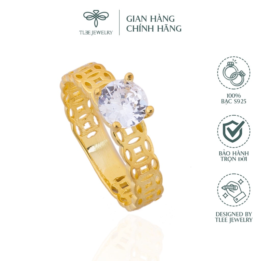 Nhẫn bạc nữ TLEE kim tiền mạ vàng 14k trụ đá bốn chấu cao cấp TleeJewelry A0144