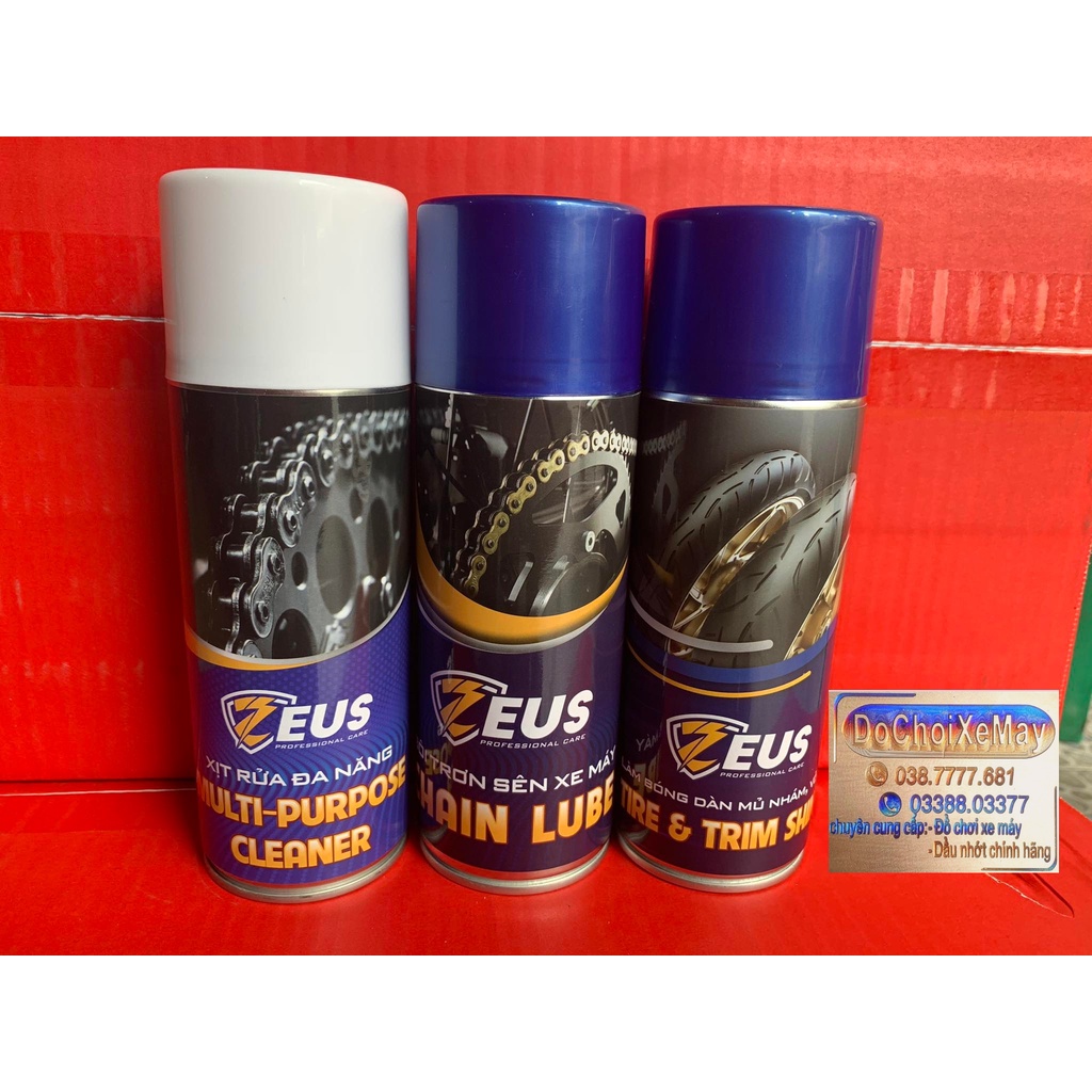 Chai xịt bảo dưỡng sên Zeus, vệ sinh sên xe máy Zeus, làm bóng dàn nhựa nhám vỏ xe Zeus . DoChoiXeMay