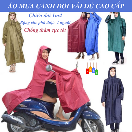 Áo mưa cánh dơi vải dù 1m4 không thấm nước hàng cao cấp - áo mưa cánh dơi loại lớn siêu to che rộng rãi đủ 2 người - áo mưa cánh dơi vải dù 1 đầu