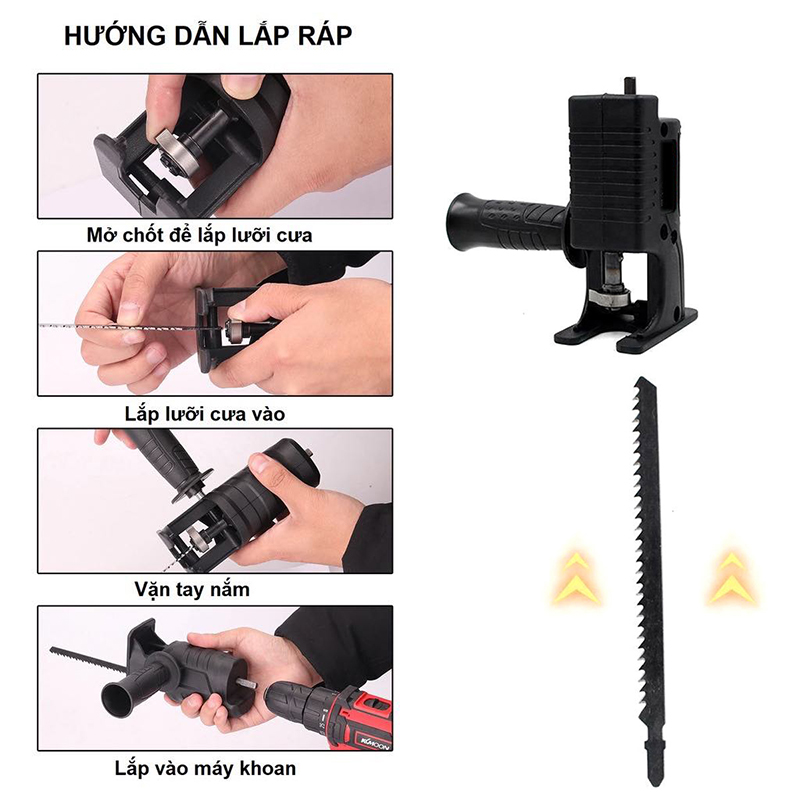 Bộ Chuyển Đổi Máy Khoan Thành Máy Cưa Điện Cầm Tay Kèm 3 Lưỡi Cưa Gỗ Kim Loại Nhựa -Bộ chuyển đổi cưa từ khoan điện