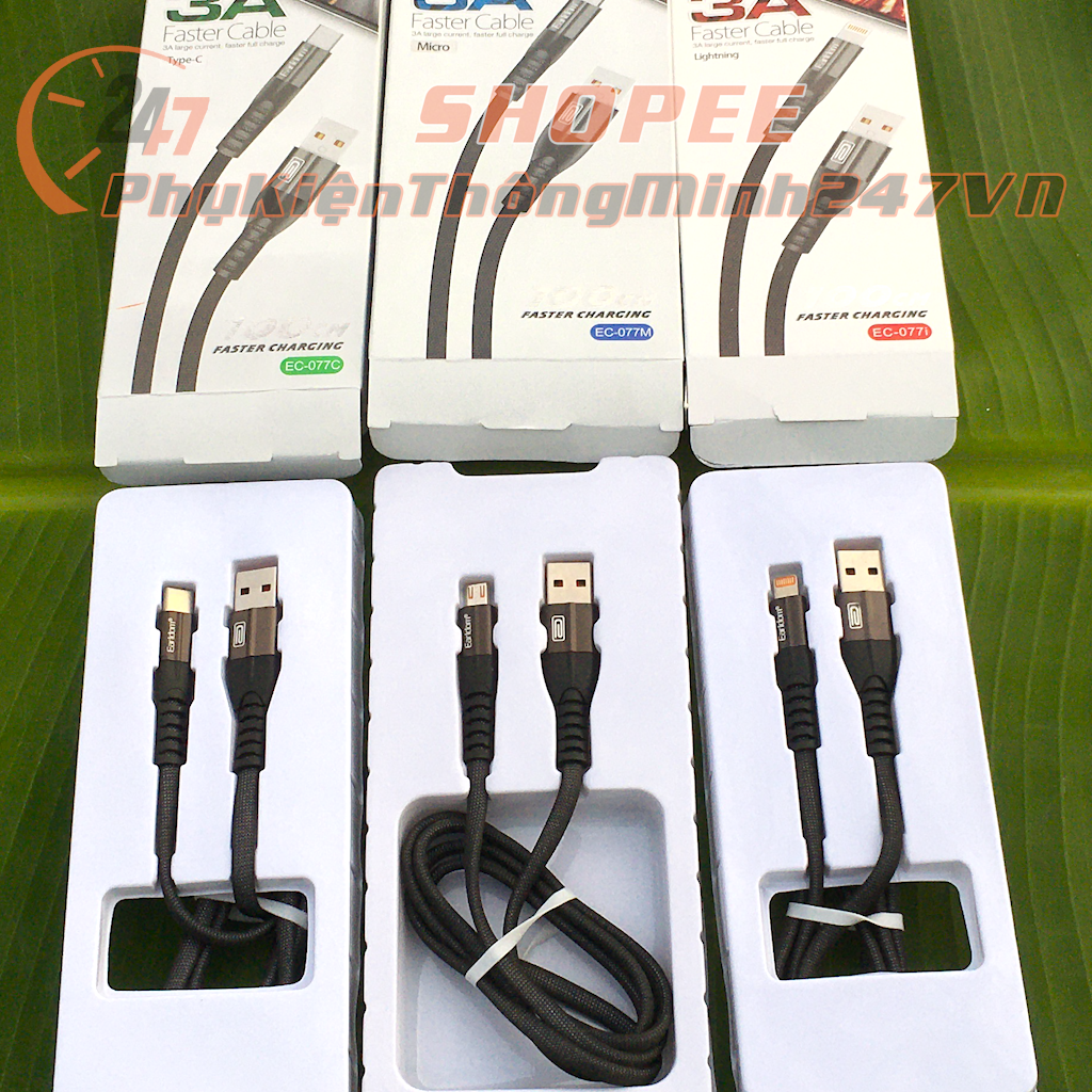 Cáp Sạc Nhanh 3A Bọc Dù Earldom EC-077 Iphone/ Sam Sung/ Type C