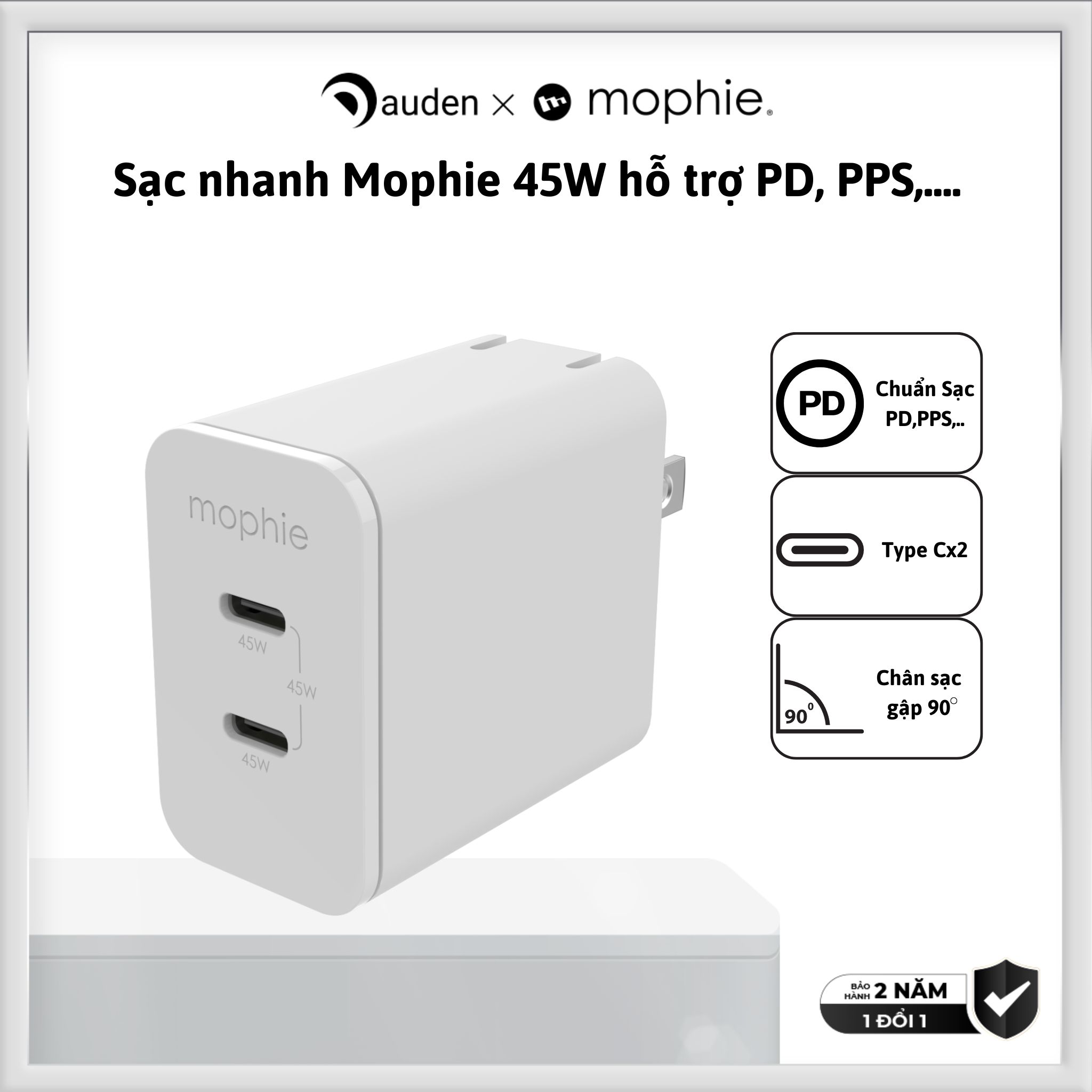 Sạc nhanh iphone samsung mophie power delivery 45w 2 cổng type-c gan - hàng chính hãng bảo hành 2 năm 1 đổi 1