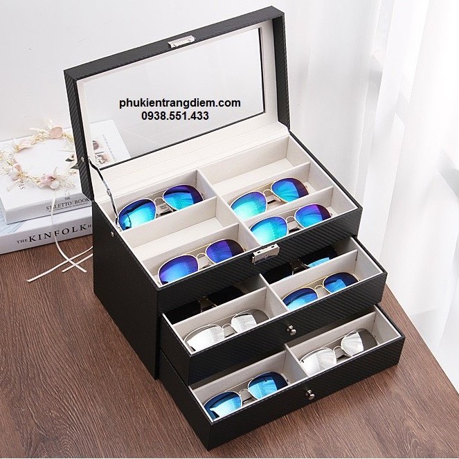 Hộp Tủ Đựng Mắt Kính 4 Tầng - 24 Chiếc Vỏ Da Carbon