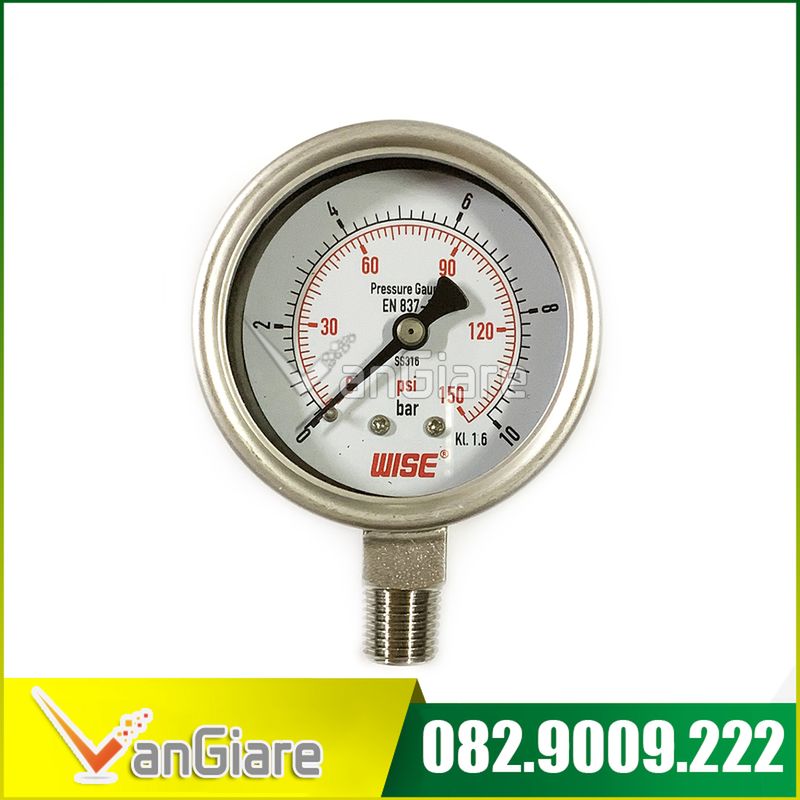 Đồng hồ đo áp suất có dầu đo nước khí hơi inox 304 WISE HÀN QUỐC chân không, 10kg ,16kg, 25kg...đủ size