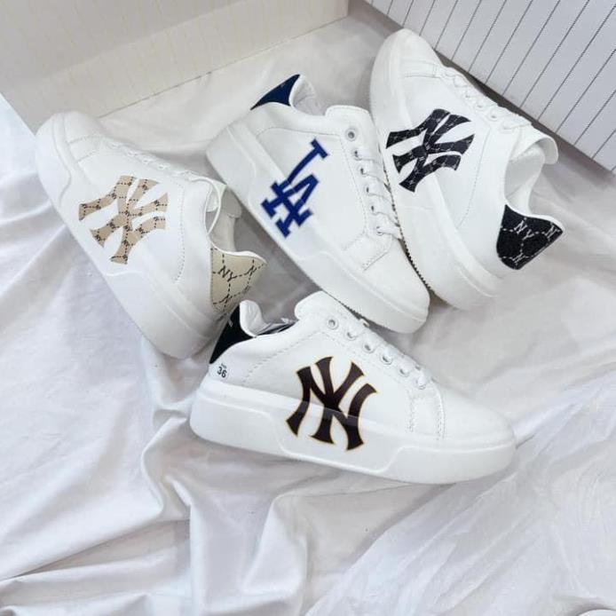 Giày thể thao nam nữ MLB NY màu trắng chữ đen Full Box - Giày NY độn đế tăng chiều cao nam nữ cao cấp hot trend 2022