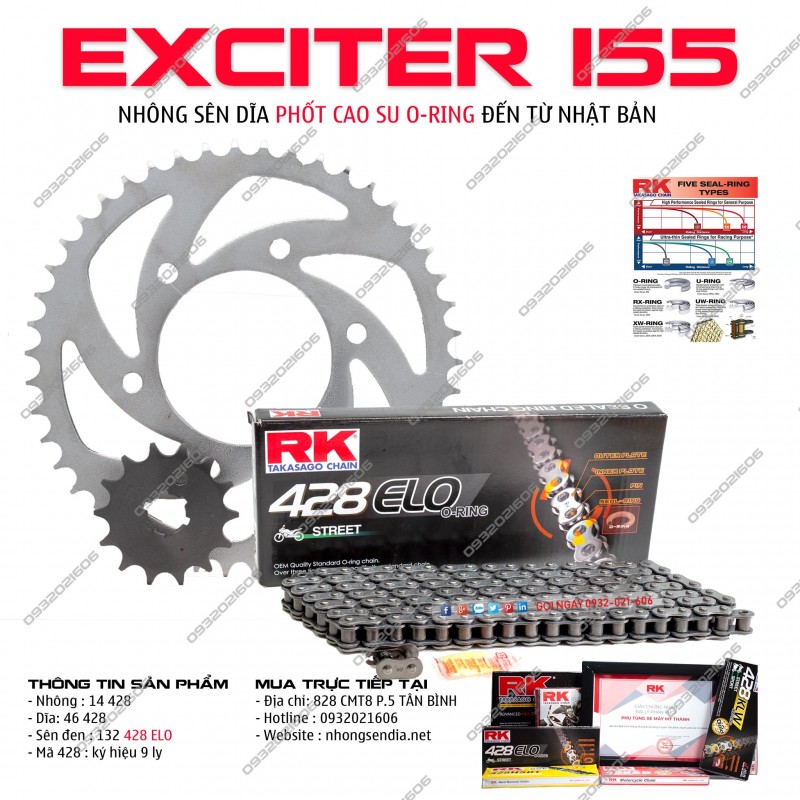 Nhông sên dĩa rk phốt cao su xe exciter 155 vva