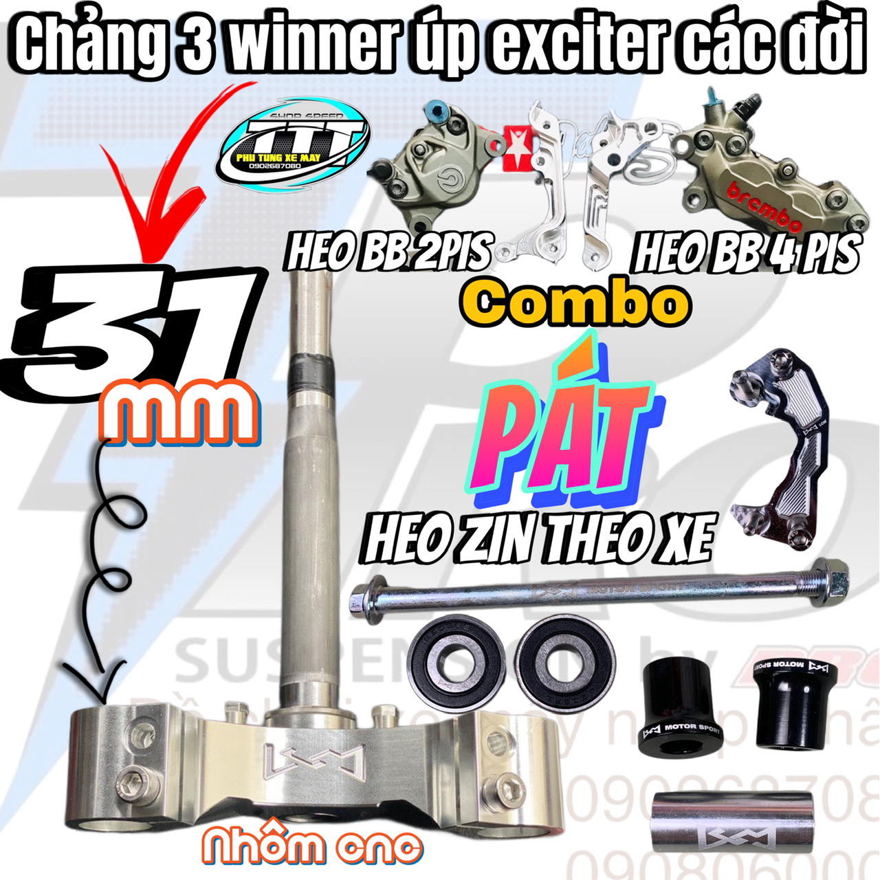 [HCM]Combo chảng 3 phuộC trước winner CNC + bạc đạn + bộ canh cốt up ex150 LCM.