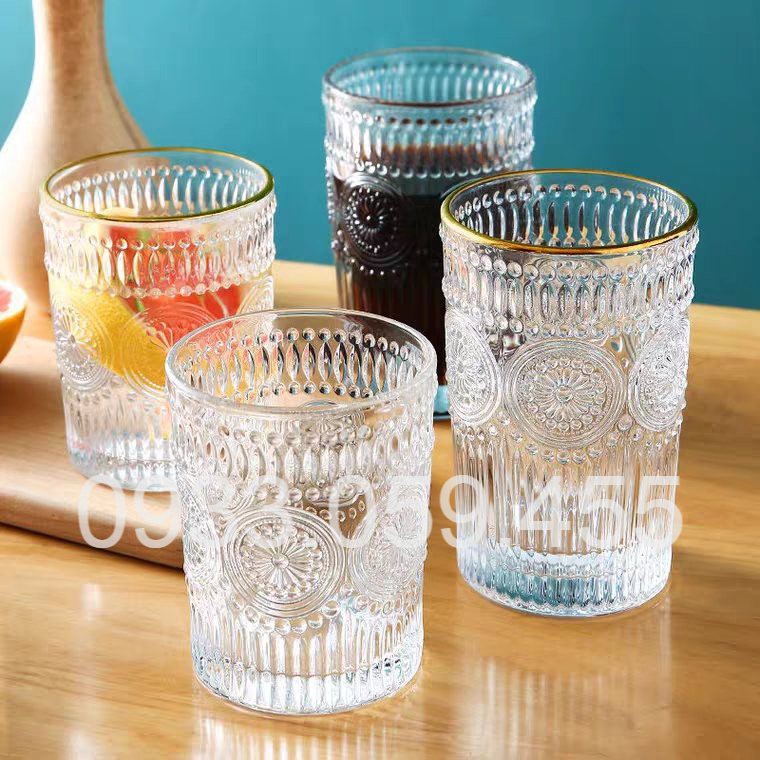 Ly thủy tinh uống rượu Tây pha lê viền nhũ vàng , cốc uống rượu whisky Retro wine glass