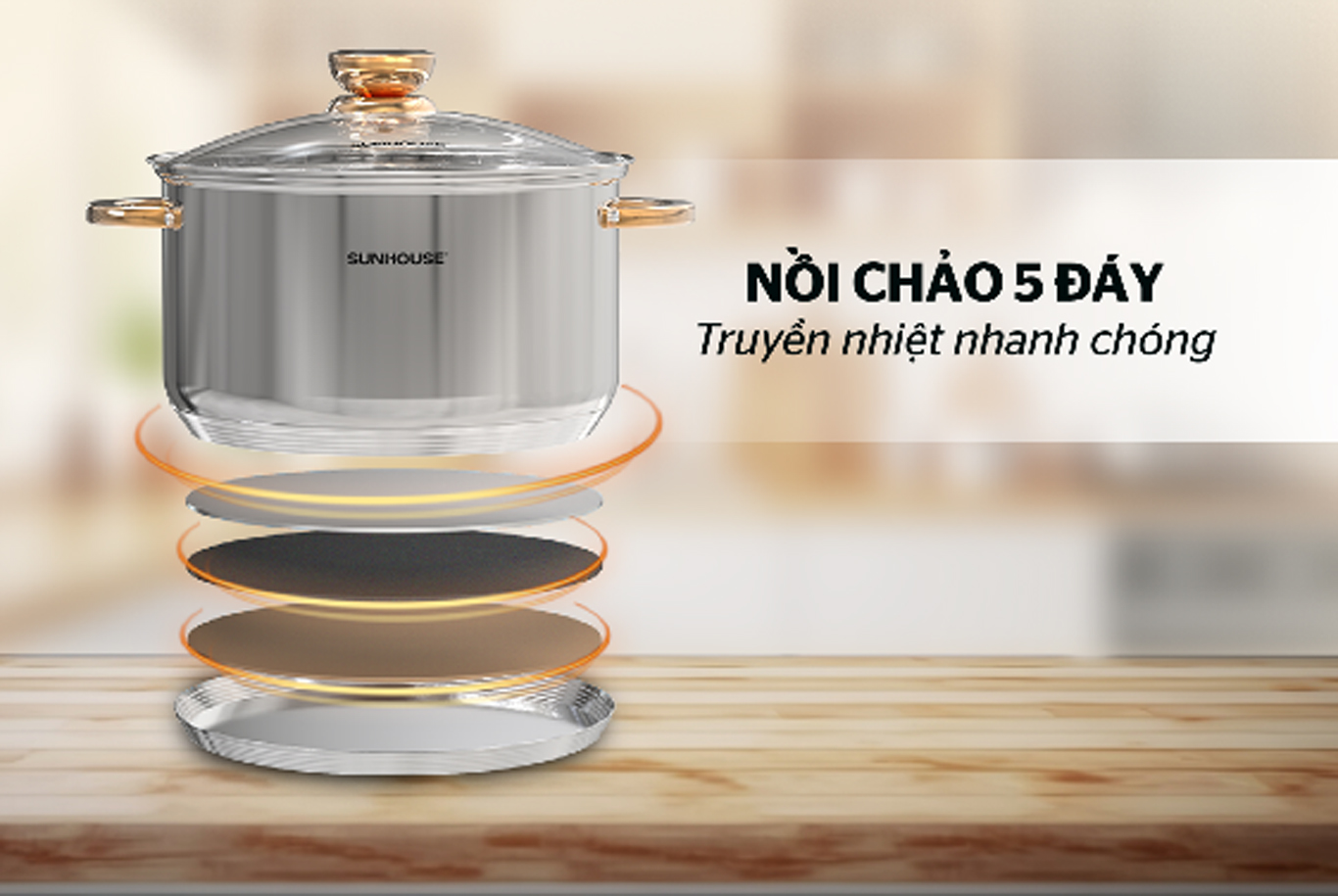 Bộ nồi chảo inox 5 ĐÁY SUNHOUSE SHG789 + tặng dao làm bếp màu đen