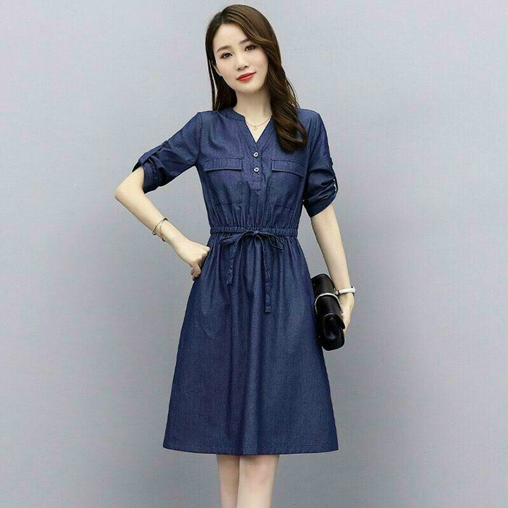 [HCM]Đầm Jean Nữ Thắt Dây Eo Thời Trang