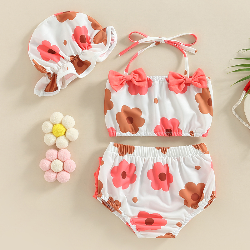 Baby Girls Three Piece Swimsuits, Floral Print Halter Bikini Set Bathing Suit with Swim Cap