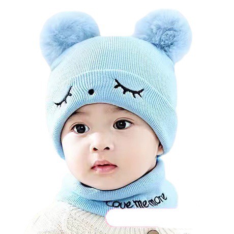 Set khăn + mũ len 2 quả bông hình đôi mắt cho bé