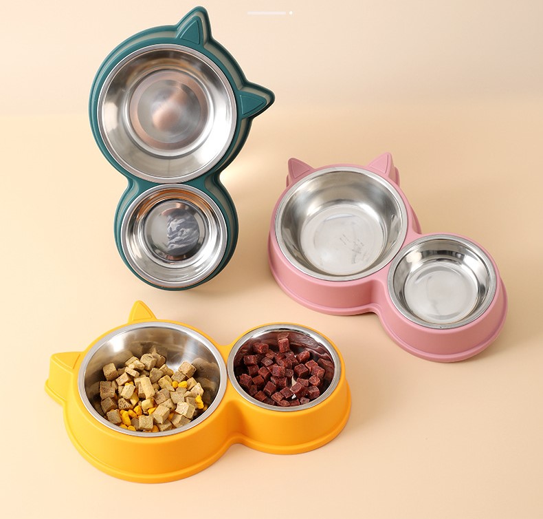 chén đôi inox hình mèo dành cho chó mèo - T3 PETS SHOP