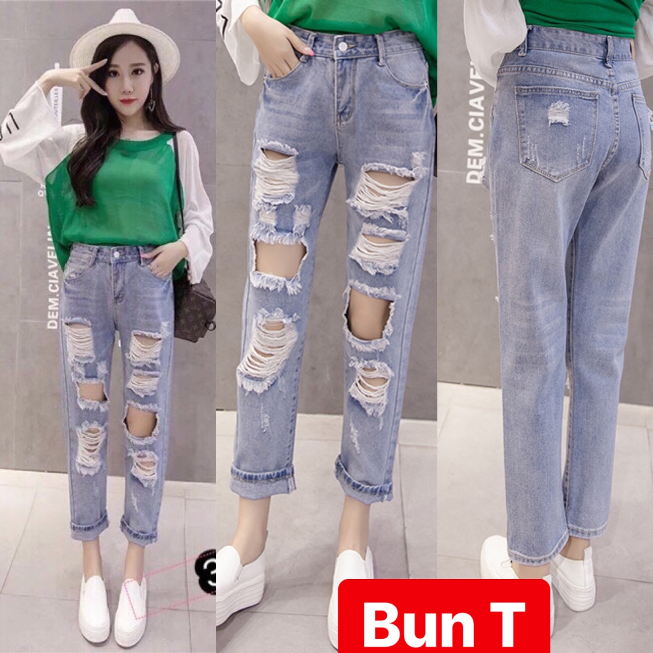 QUẦN BAGGY JEAN NỮ CHẤT BÒ XANH CẠP RÁCH HÀN QUỐC LƯNG CAO NÂNG MÔNG TREND VIP T&T-3011 - TRANG BUN FASHION