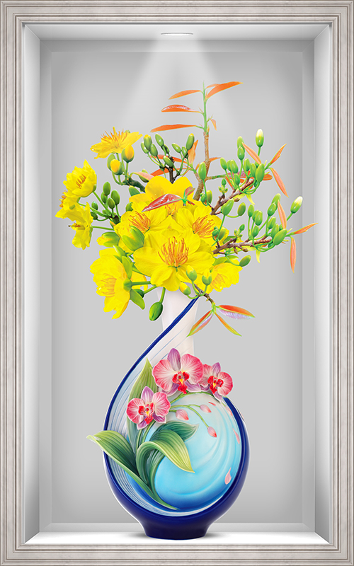 Tranh dán tường ô 3D VTC Bình hoa mai LoHoaDon-021 Kim sa nhiều kích thước