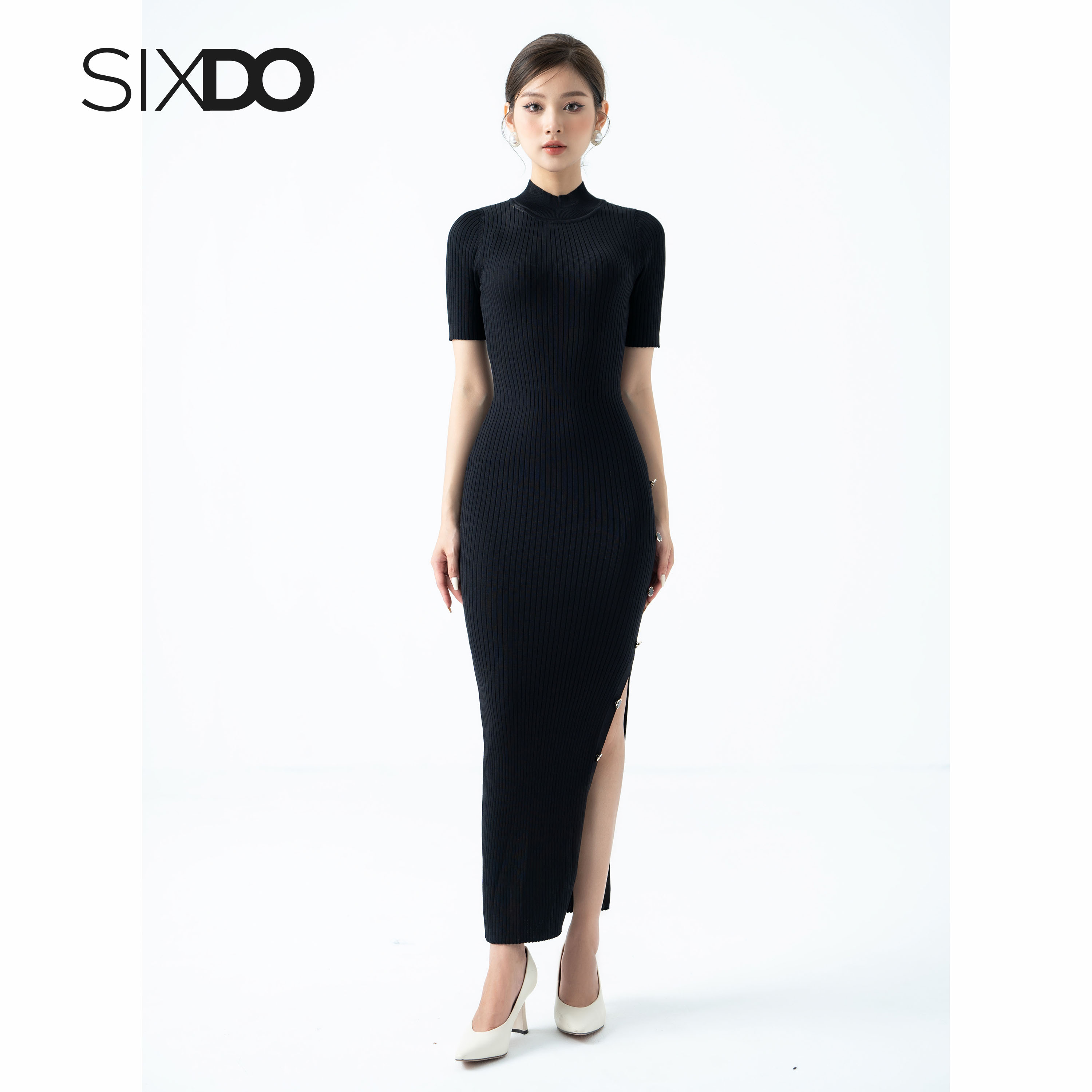 Đầm len dáng ôm xẻ tà phối cúc thời trang SIXDO (Split-side Midi Knit Dress)