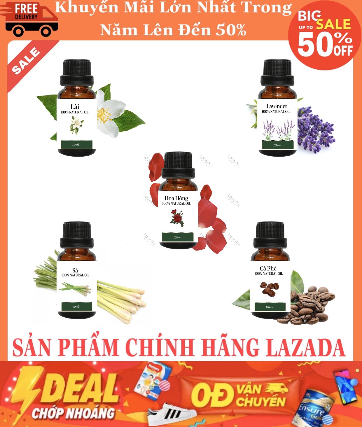 Bộ 5 chai tinh dầu thiên nhiên cao cấp tinh dầu sả cafe lavender hoa hồng hoa nhài