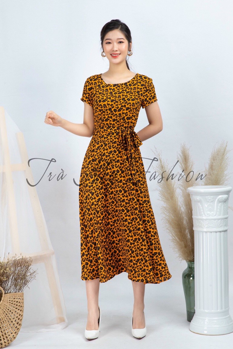 ĐẦM DÀI HỌA TIẾT DA BÁO, NƠ BUỘC NHẤN EO THANH LỊCH [HÀNG THIẾT KẾ]