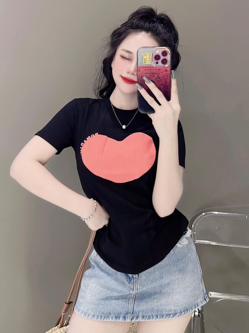Áo thun dáng ôm nữ tay ngắn Trái Tim nổi phom dài baby tee