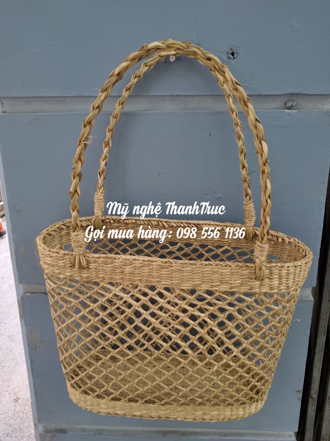 Giỏ cói mắt cáo, túi cói xách tay (không nơ)