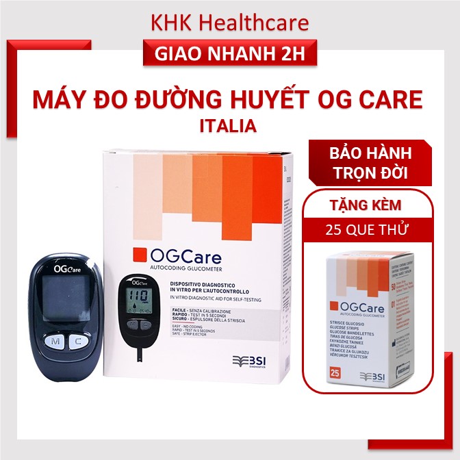 Máy đo đường huyết OG care - BSI Italia tặng kèm 25 que thử tiểu đường đo đường huyết tại nhà, nhanh chóng chính xác cao