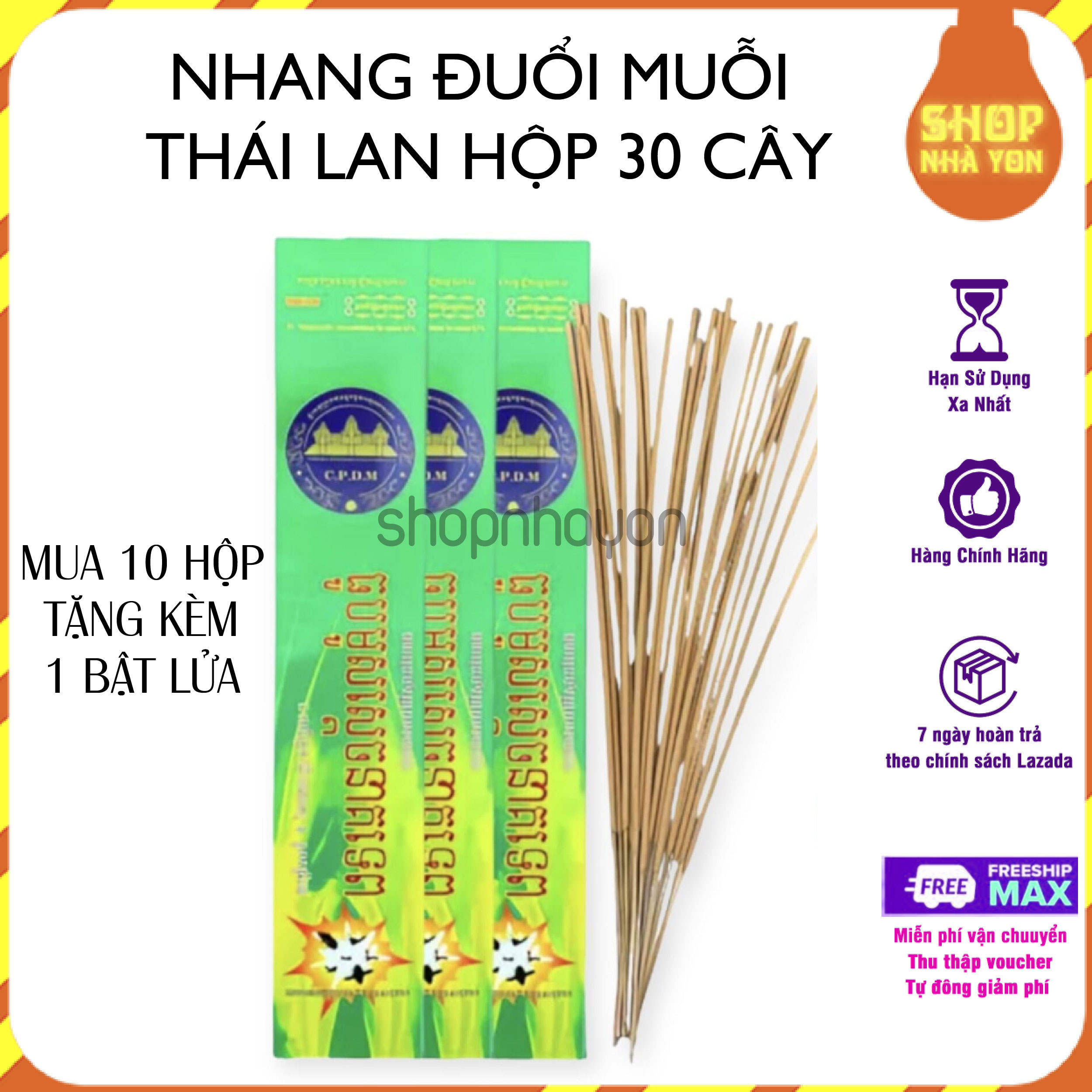 Combo 10 hộp Nhang Muỗi Thái Lan dạng cây (10 hộp tặng 1 cái Qu.ẹt chống gió - 1 hộp 30 cây)