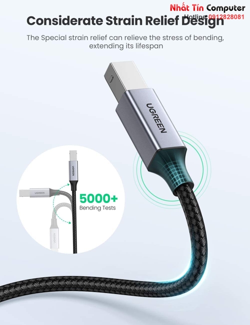 Cáp máy in USB Type-C to USB Type-B dài 2M bọc dù Ugreen 80807 cao cấp