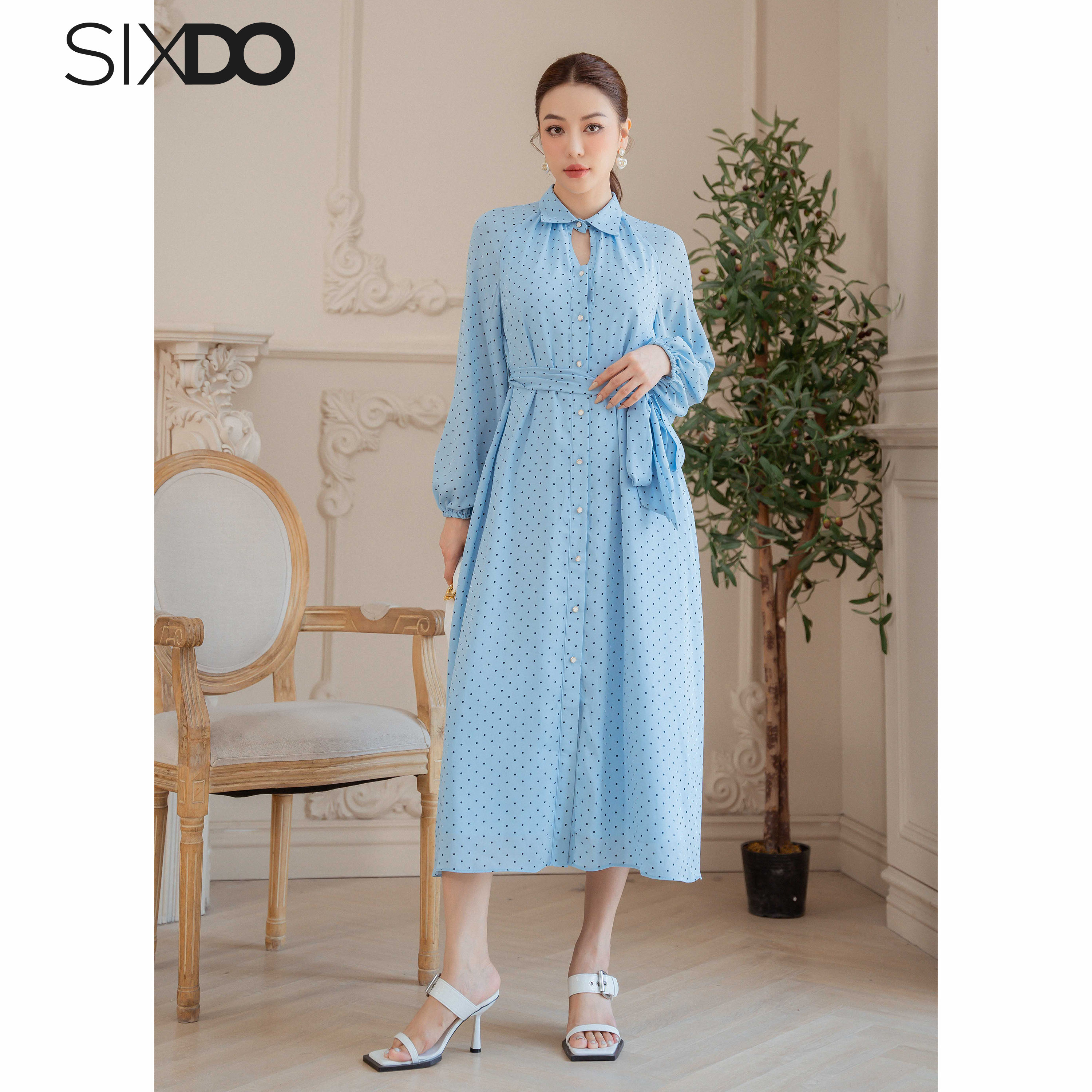 Đầm sơ mi chiffon chấm bi dài tay SIXDO (Blue Polka Dot Midi Chiffon Dress)