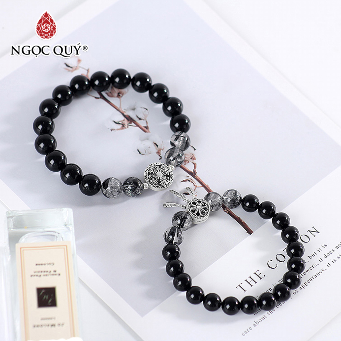 Vòng tay đôi đá Obsidian phối thạch anh tóc đen và charm bạc mệnh thủymộc - Ngọc Quý Gemstones