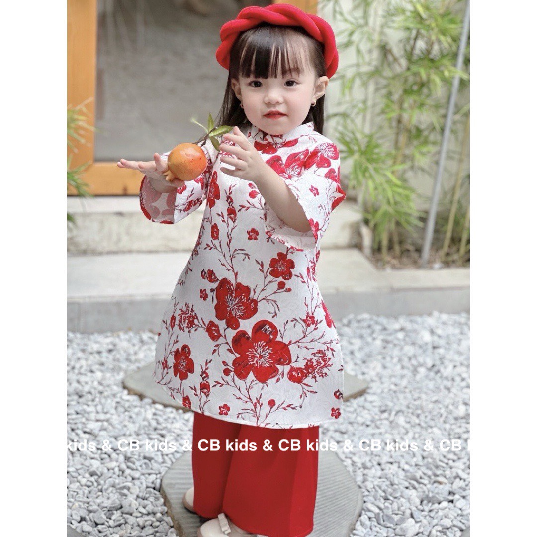 [8-30kg] Áo dài cách tân bé gái hoa mai,áo lụa quần lụa satin kèm mấn