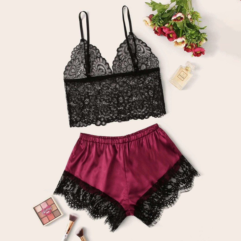 Set đồ ngủ lụa 2 dây phối ren mặc nhà mặc ngủ cho nữ
