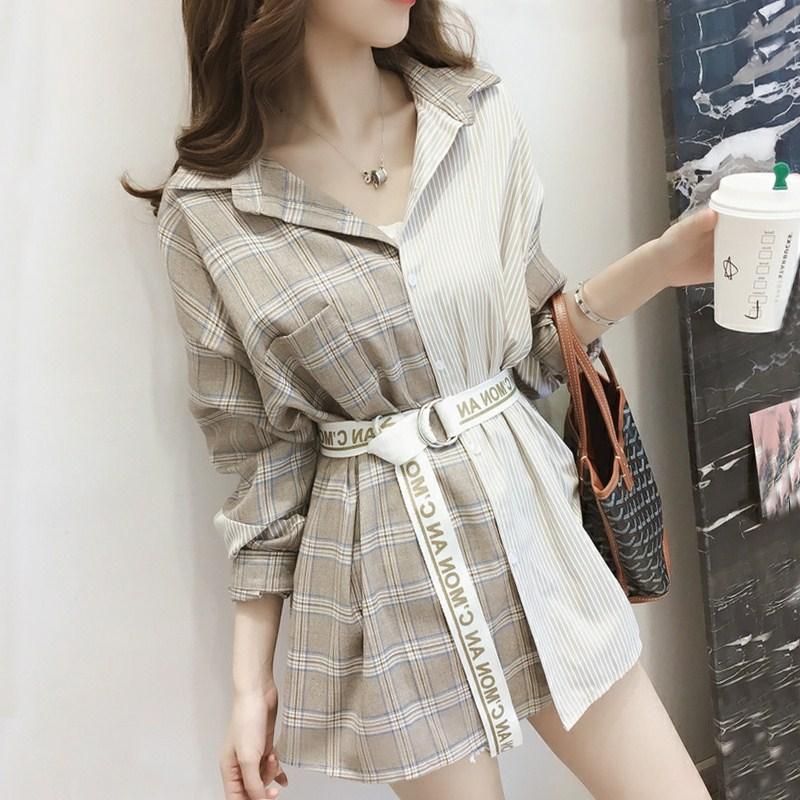 Jaringan Model Sama Kotak-Kotak kemeja wanita model setengah panjang model baru musim semi chic Atasan Lengan panjang Harajuku longgar Kemeja Jaket