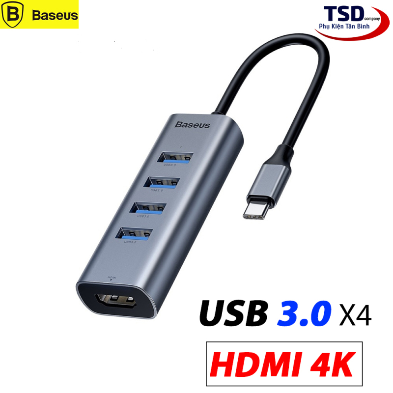 Bảng giá Hub Chuyển Type C to USB 3.0 và HDMI Baseus Enjoy Series (Type C to USB 3.0 x4 Ports + HDMI 4K, 5 in 1 intelligent HUB Adapter ) Phong Vũ