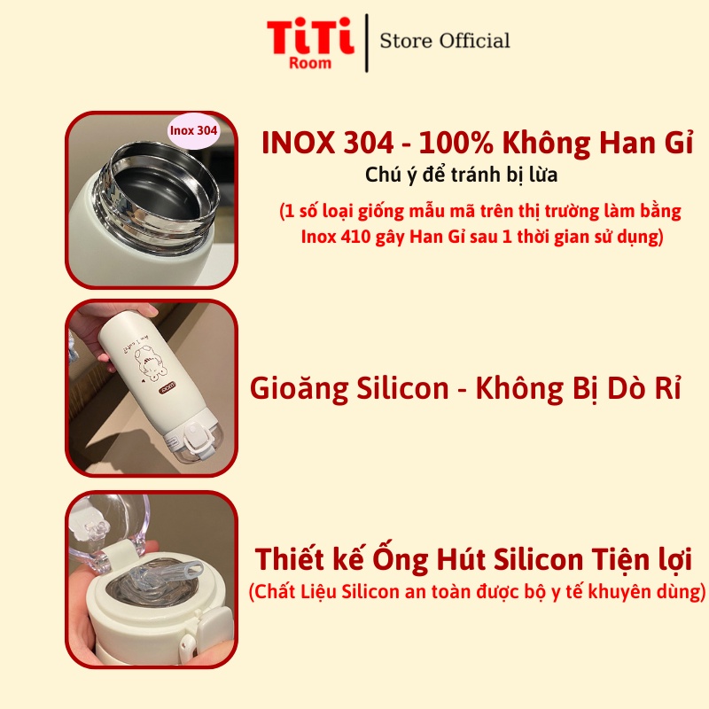 Bình giữ nhiệt đựng nước dung tích 500ml INOX 304 thép không gỉ dễ thương Ly Cốc giữ nhiệt có ống hút kèm sticker và dây