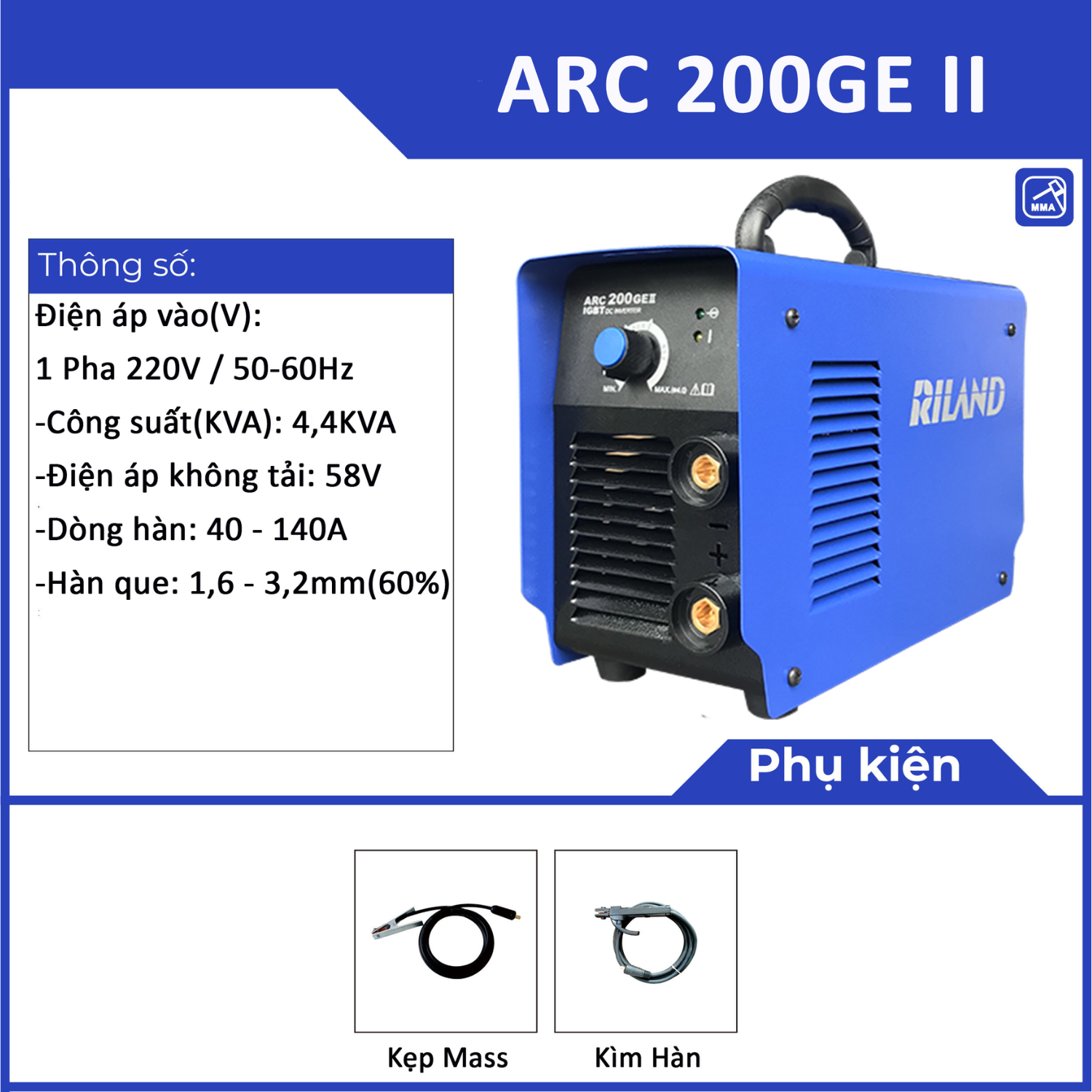 Máy hàn que siêu bền riland arc 200ge ii dòng hàn 40a-140a - hàng chính hãng