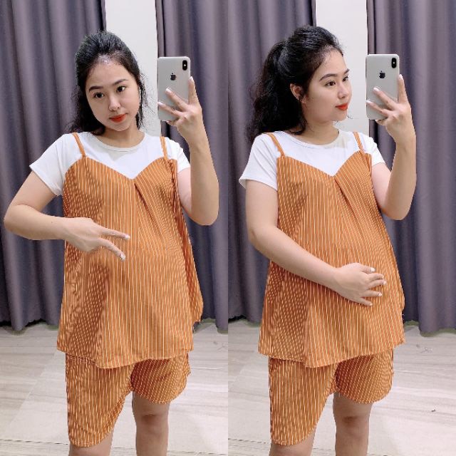 [Hoàn Tiền 6%] Bộ đồ bầu đùi lửng, chất lụa hàn mềm mát cho bà bầu mặc nhà mùa hè