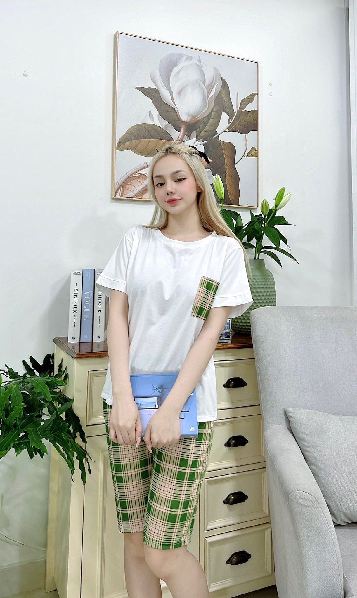 Set bộ lửng thun cotton phối túi caro mặc nhà