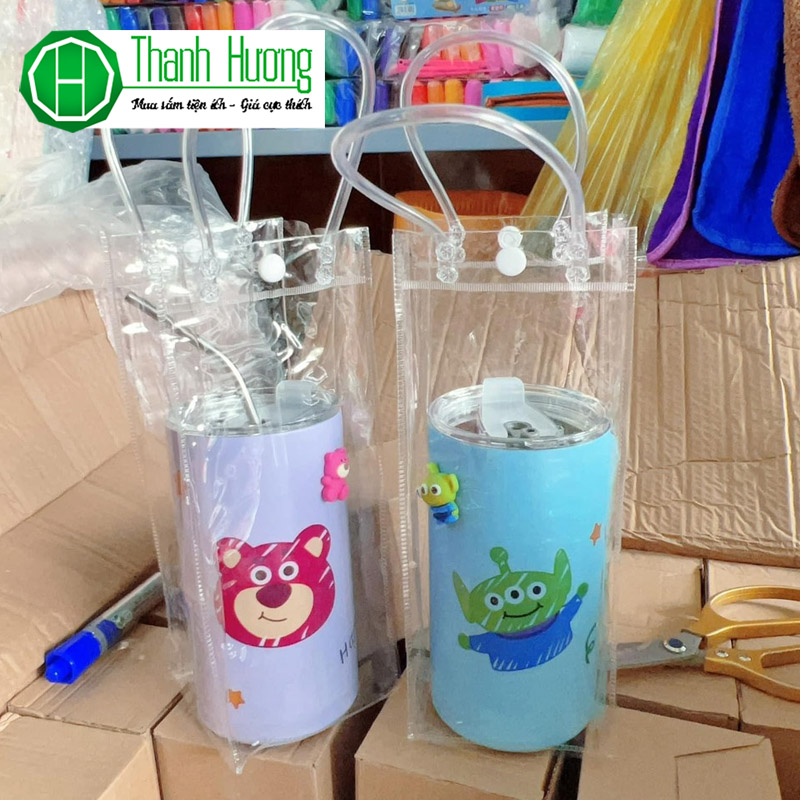 Combo 2 Túi nhựa đựng ly giữ nhiệt trong suốt có quai xách kèm nút bấm chắc chắn