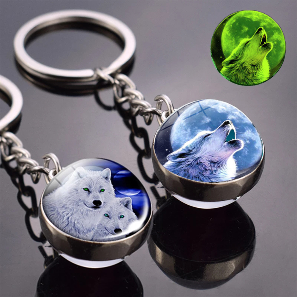 NGPV0 Fashion Gift Howling Wolf Double Side Glass Ball Luminous Key Chain Keychain Key Ring Keyring