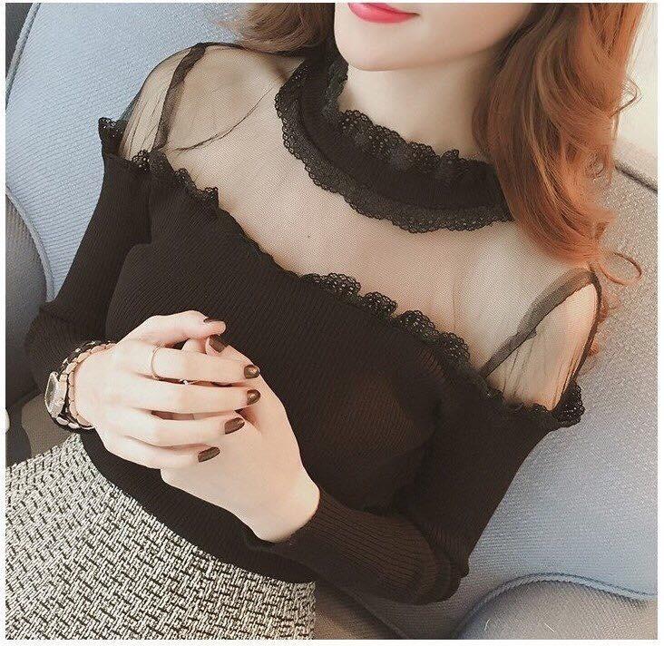 ÁO LEN NỮ CỔ PHỐI REN - Màu Trắng