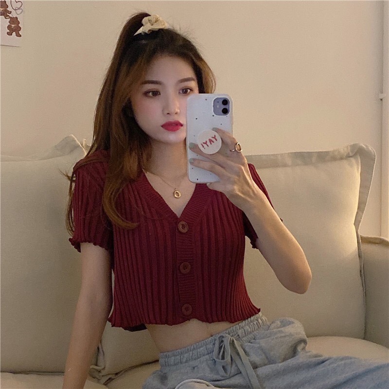 Áo Crotop Thun Gân Tay Ngắn Cổ V Nút Bự  Hot Trend Phong Cách Jennie Blackpink TTSLA0275