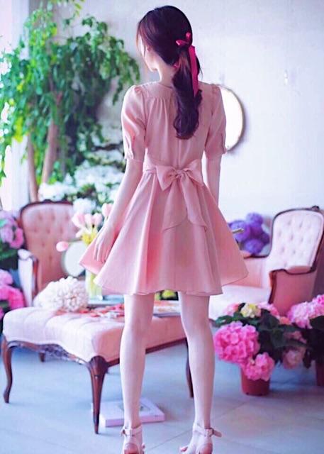 Đầm hồng xoè thắt eo v2