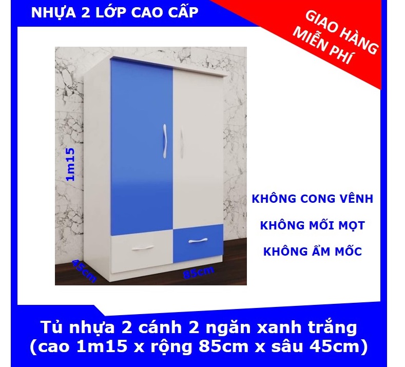 Tủ nhựa đài loan 2 cánh 2 ngăn xanh trắng (cao 1m15 x rộng 85cm x sâu 45cm) chất liệu nhựa Đài Loan cao cấp 2 lớp - KHÔNG CONG VÊNH - KHÔNG MỐI MỌT - KHÔNG ẨM MỐC - DỄ VỆ SINH